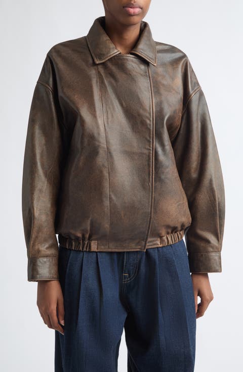 Leather Bomber Jacket with Removable Genuine Shearling Collar
