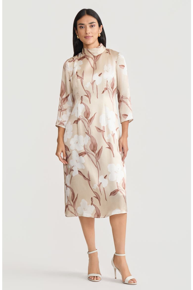 A-Line Floral Print Silk Midi Dress, Main, color, Biscotti/Charmeuse