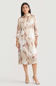 Misook A-Line Floral Print Silk Midi Dress