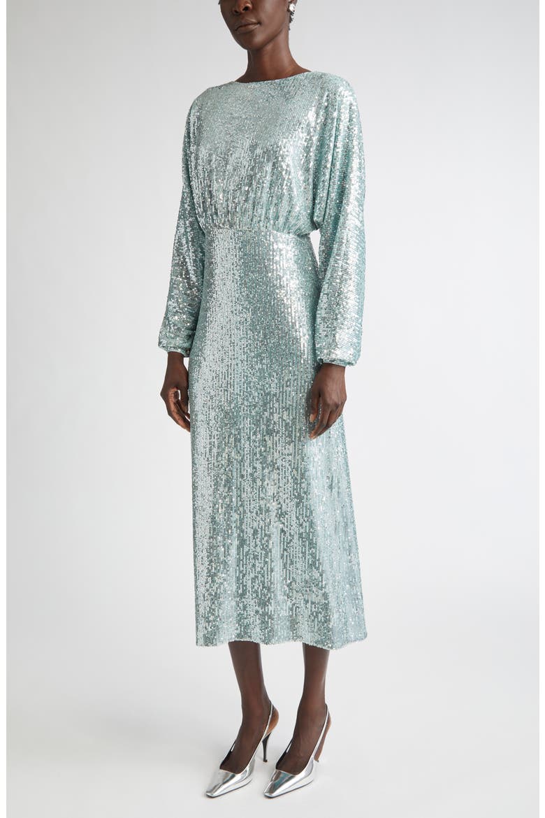 Long Sleeve Sequin Stretch Knit Midi Dress, Alternate, color, AQUA