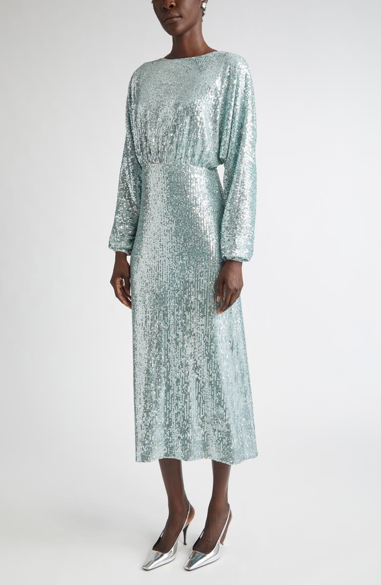 ST. JOHN Long Sleeve Sequin Stretch Knit Midi Dress, Alternate, color, Aqua