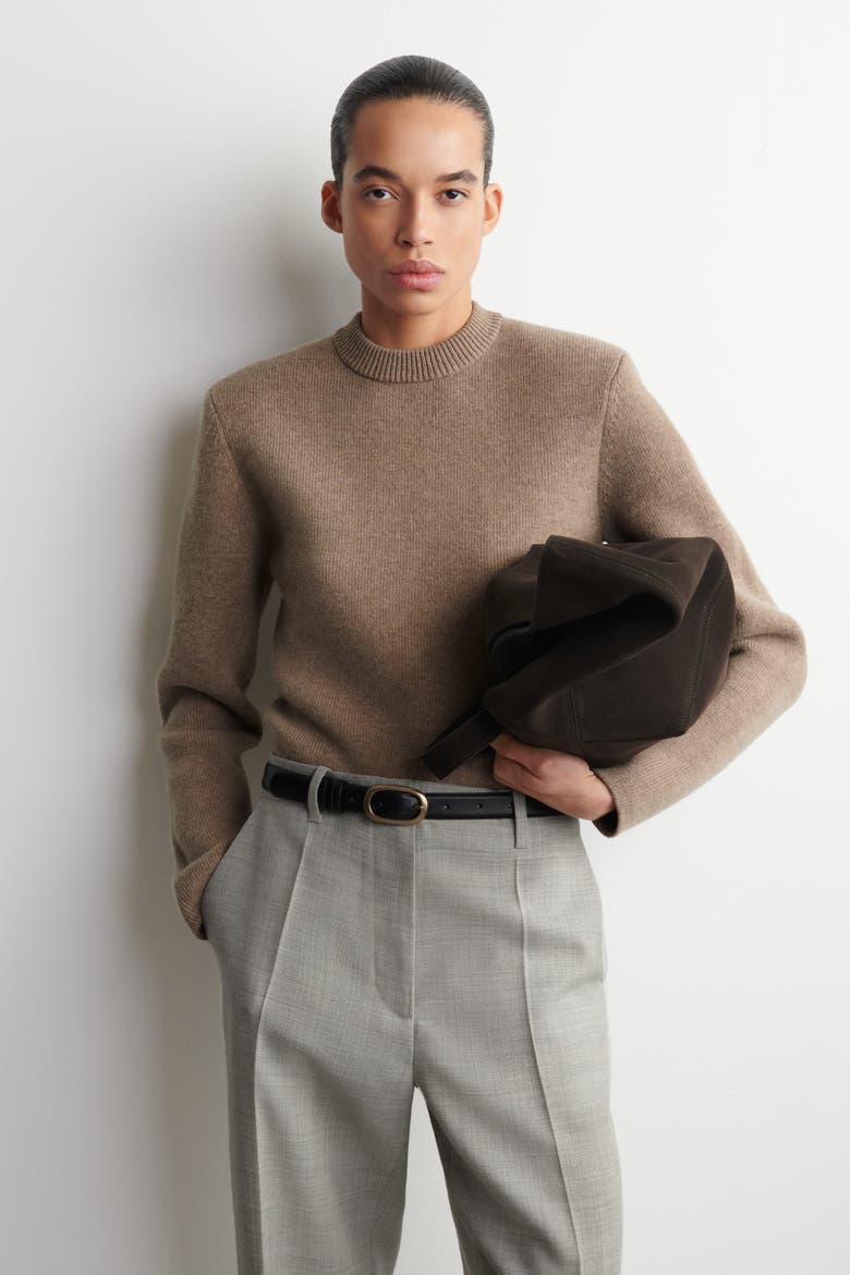 Sculpted-shoulder Merino Wool Sweater, Main, color, BEIGE