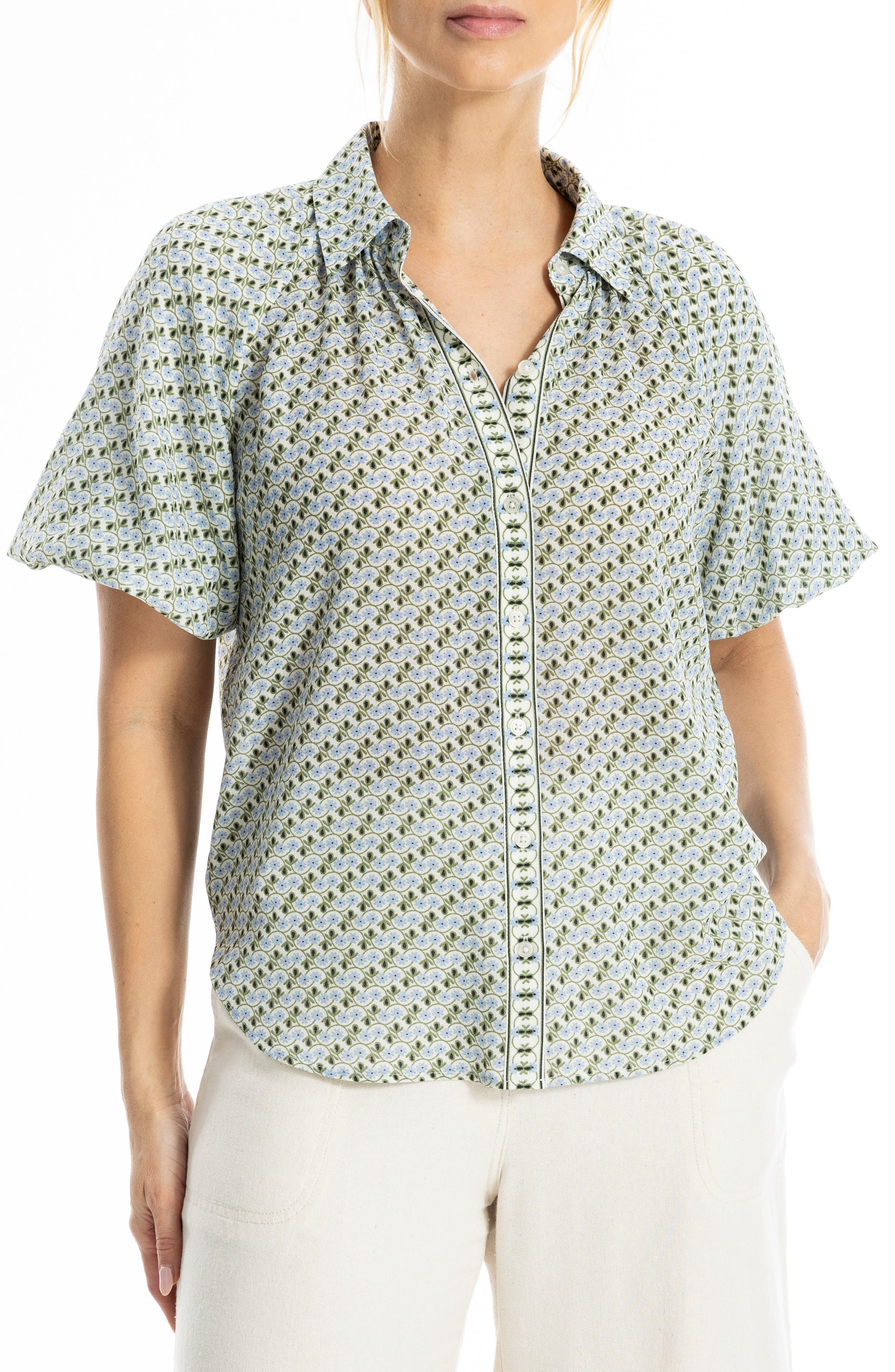 MAX STUDIO Boyfriend Fit Bubble Sleeve Button-Up Shirt