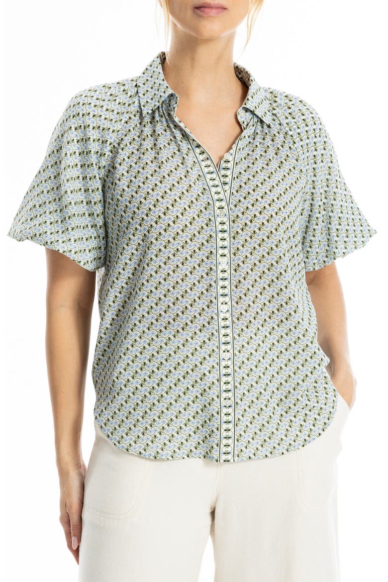 Boyfriend Fit Bubble Sleeve Button-Up Shirt, Main, color, CREAM BLUE DAISY LOOPS