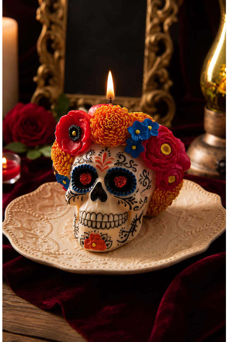 Day of the Dead Floral Skull Candle, Alternate, color, Off-white / Floral