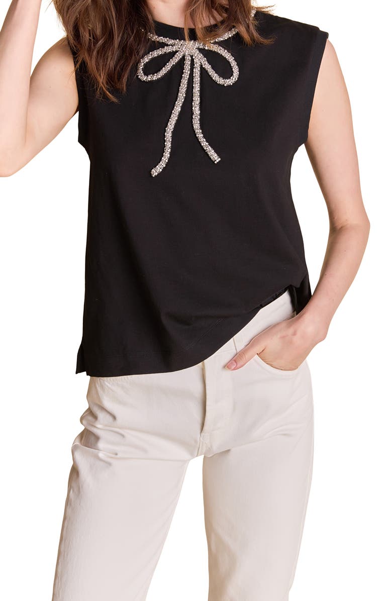 English Factory Rhinestone Bow Sleeveless Top, Alternate, color, Black