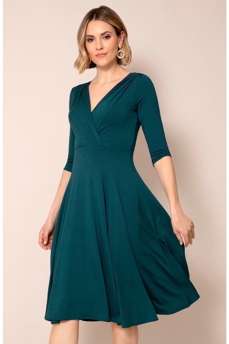 Annie V-Neck 3/4 Sleeve Midi Dress, Alternate, color, Pine Green