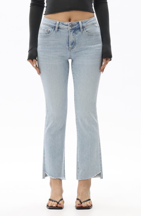 Frayed Step Hem Mid Rise Ankle Bootcut Jeans