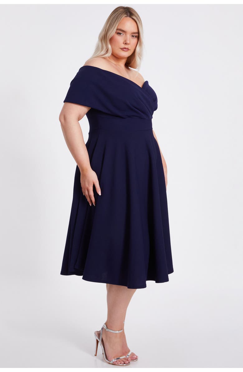 QUIZ Plus Size Scuba Crepe Bardot Wrap Midi Skater Dress, Alternate, color,