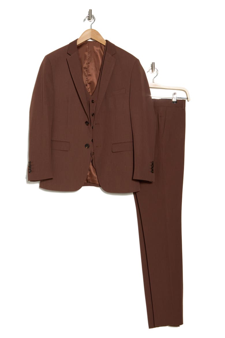 Skinny Fit Solid Stretch Three Piece Suit, Alternate, color, BROWN