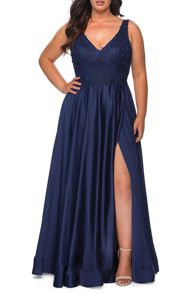 A-line Plus Size Dress with Rhinestone Lace Bodice, Main, color, NAVY