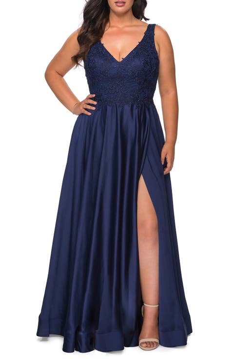 A-line Plus Size Dress with Rhinestone Lace Bodice