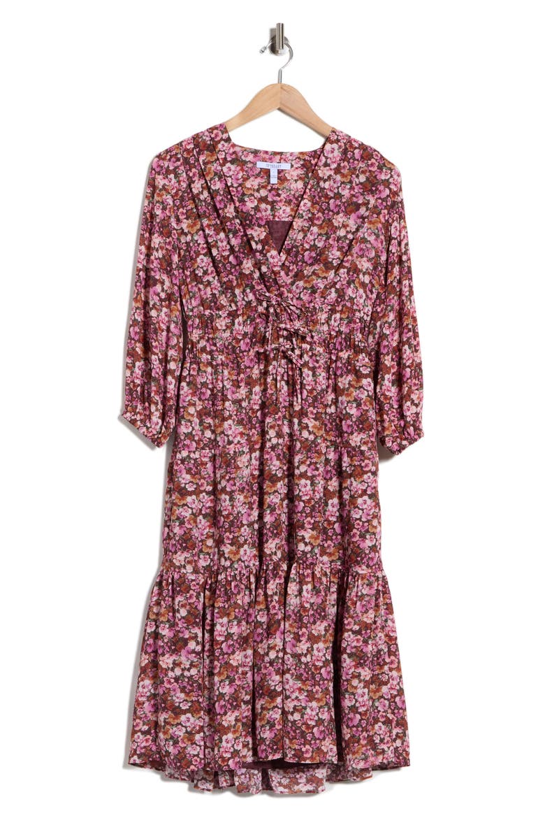 Elsa Printed Long Sleeve Midi Dress, Main, color, BURGUNDY MINI FLORAL