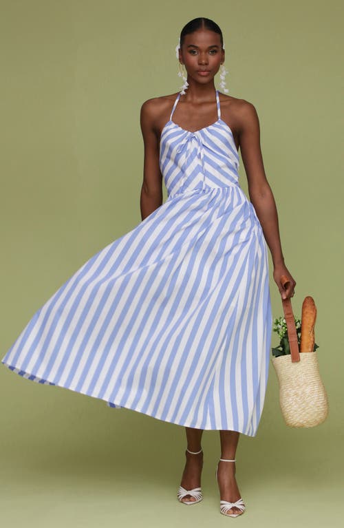 Avec Les Filles Stripe Halter Neck Cotton Blend Midi Dress In Bluewhite Stripe