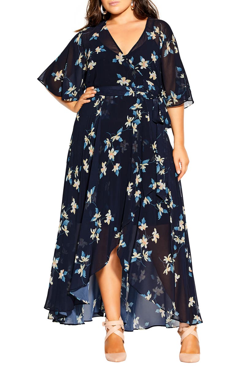 City Chic Akita Floral Wrap Dress, Main, color, 