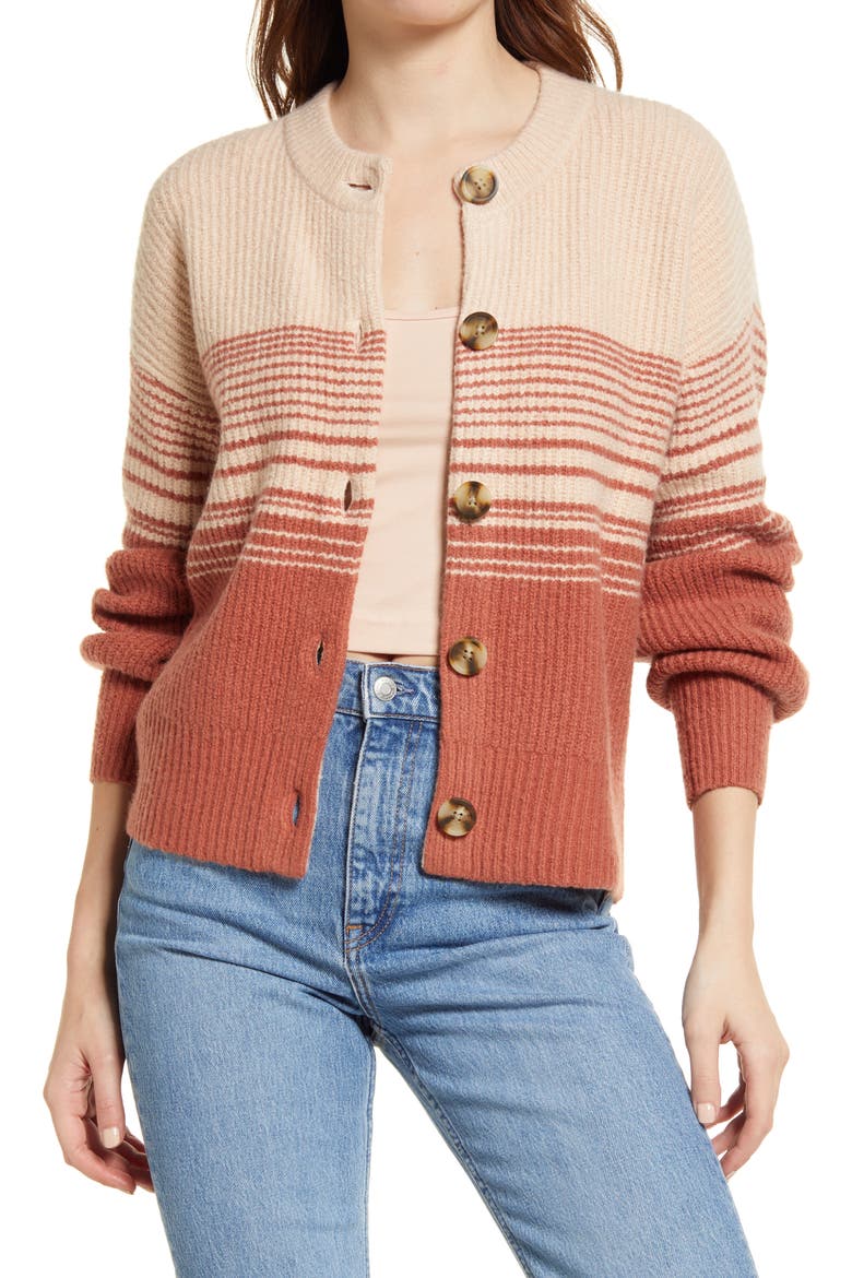 Ciara Stripe Cotton Blend Cardigan, Alternate, color, WEATHERED BRICK