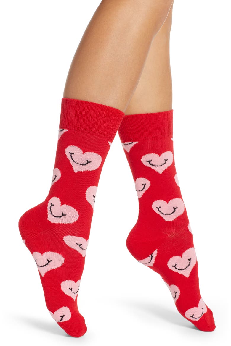 Smiley Heart Crew Socks, Main, color, RED/ PINK