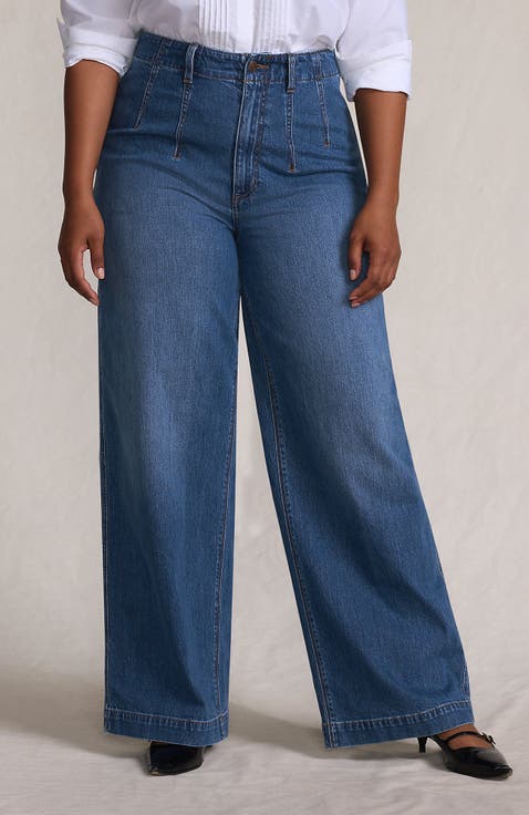 Plus Size Soft Denim High Rise Wide Leg Top Stitch Trousers