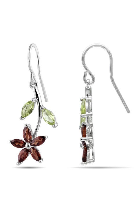 Garnet & Peridot Flower Dangle Earrings