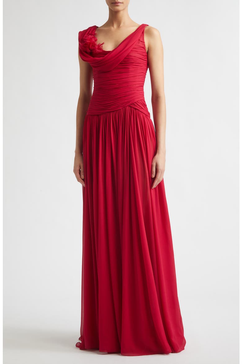 Floral Appliqué Draped Silk Chiffon Gown, Main, color, CRANBERRY