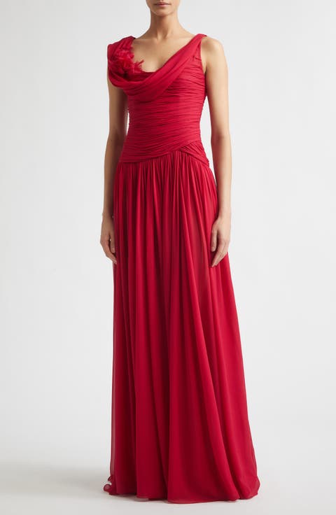 Floral Appliqué Draped Silk Chiffon Gown