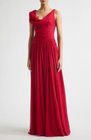 Carolina Herrera Floral Appliqué Draped Silk Chiffon Gown
