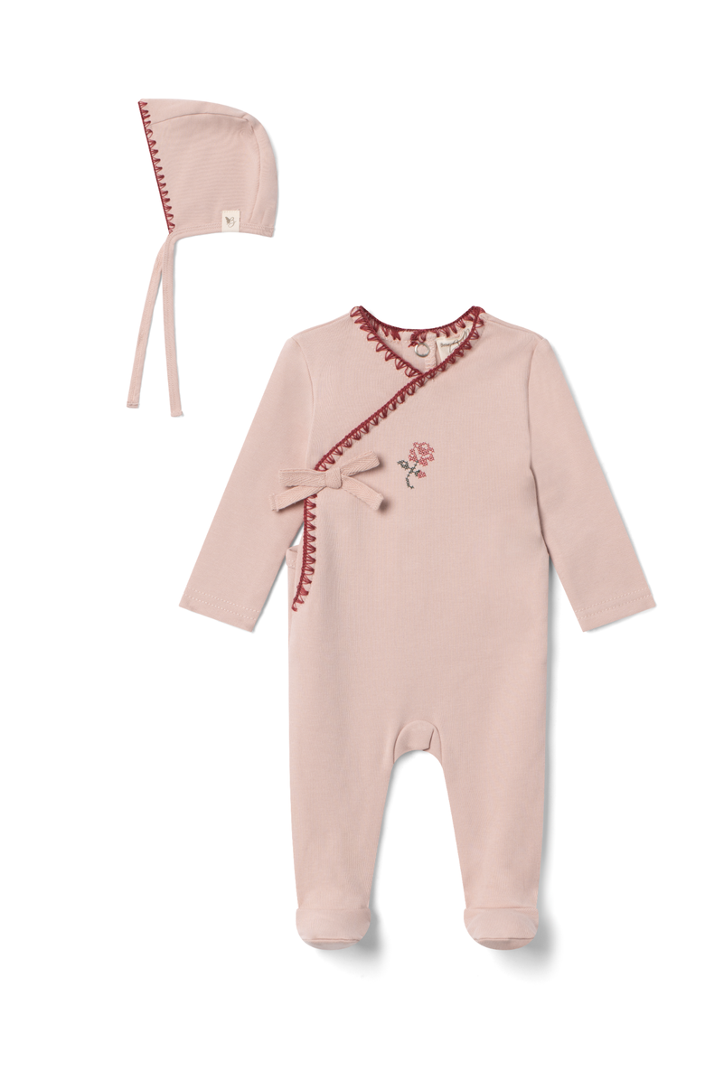 Bebe Bella Girl Embroidered Rocking Horse Wrap Romper with Bonnet, Main, color, Pink