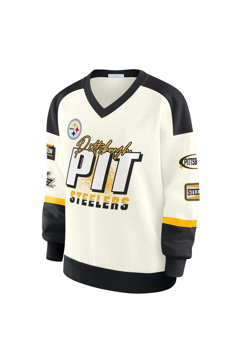 WEAR by Erin Andrews Women's WEAR by Erin Andrews  Cream Pittsburgh Steelers Racing Crew V-Neck Sweatshirt, Alternate, color, Cream