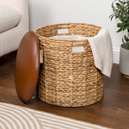 Happimess Josie 18" Modern Coastal Hand-woven Hyacinth Storage Ottoman With Lid In Brown