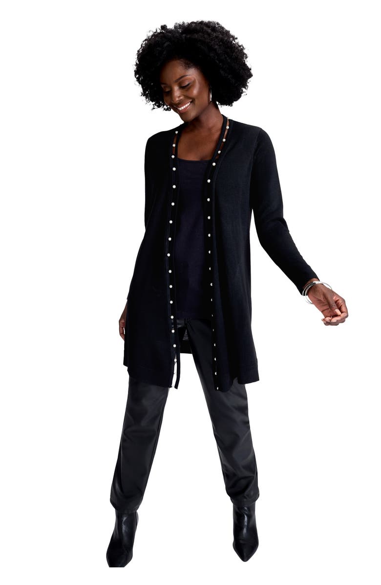 Jessica London Pearl Trim Carefree Cashmere Cardigan, Main, color, Black