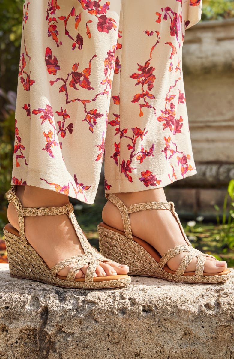 André Assous Madina Raffia Espadrille Ankle Strap Wedge Sandal, Alternate, color, Gold