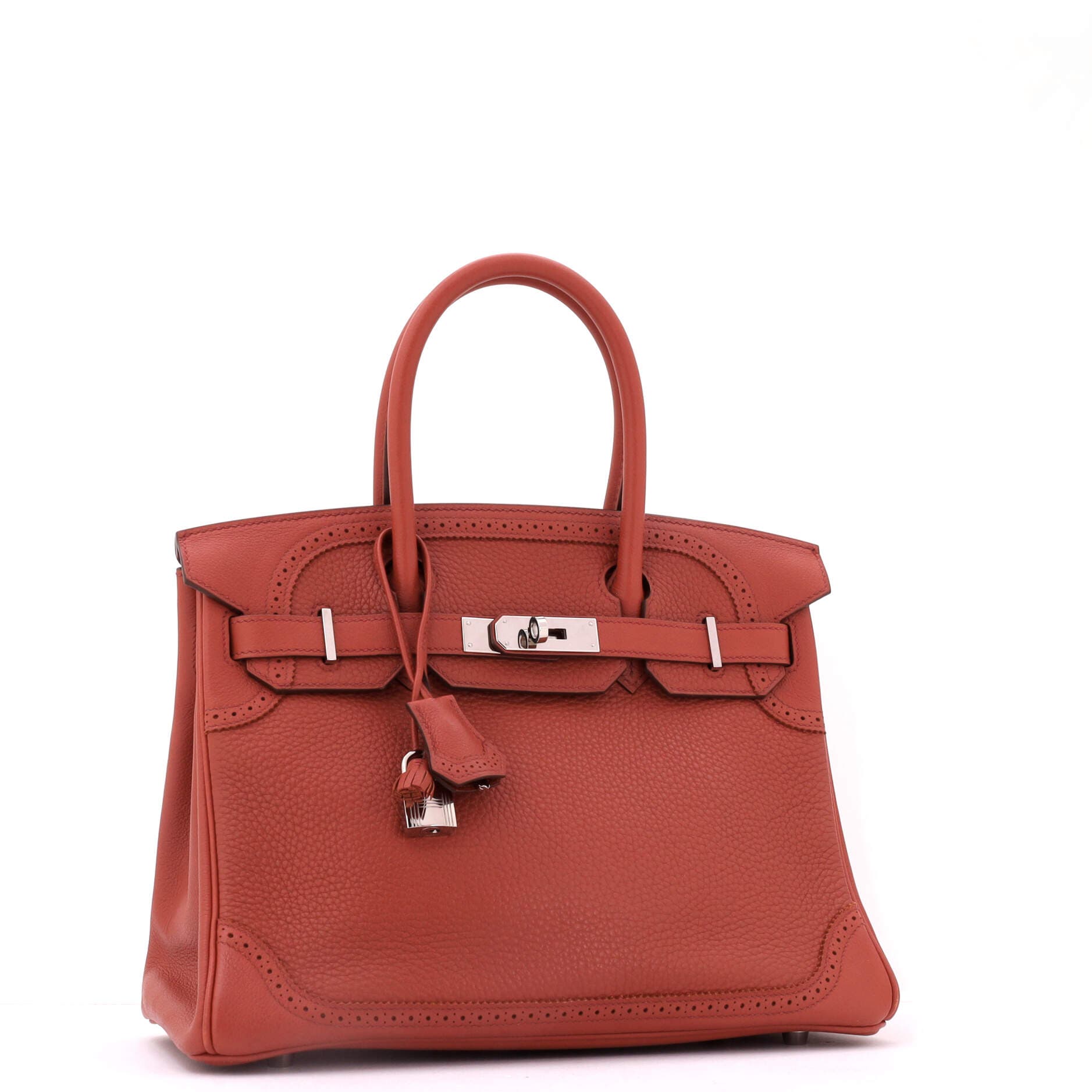 Pre-Owned Hermes Birkin Ghillies Bag Orange Clemence and Evercolor with Palladium Hardware 30, Alternate, color, Brique