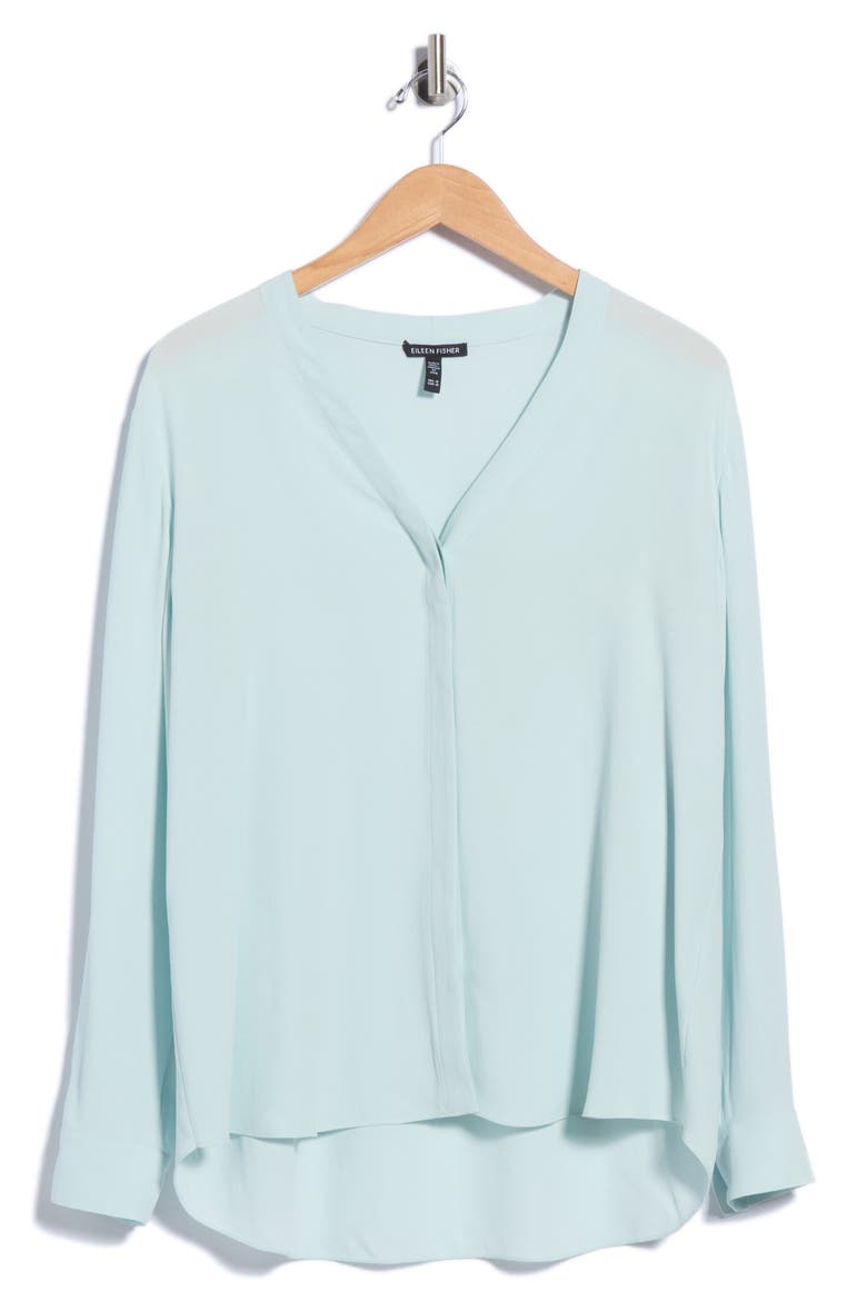 V-Neck Silk Button-Up Shirt, Alternate, color, CLEAR WATER