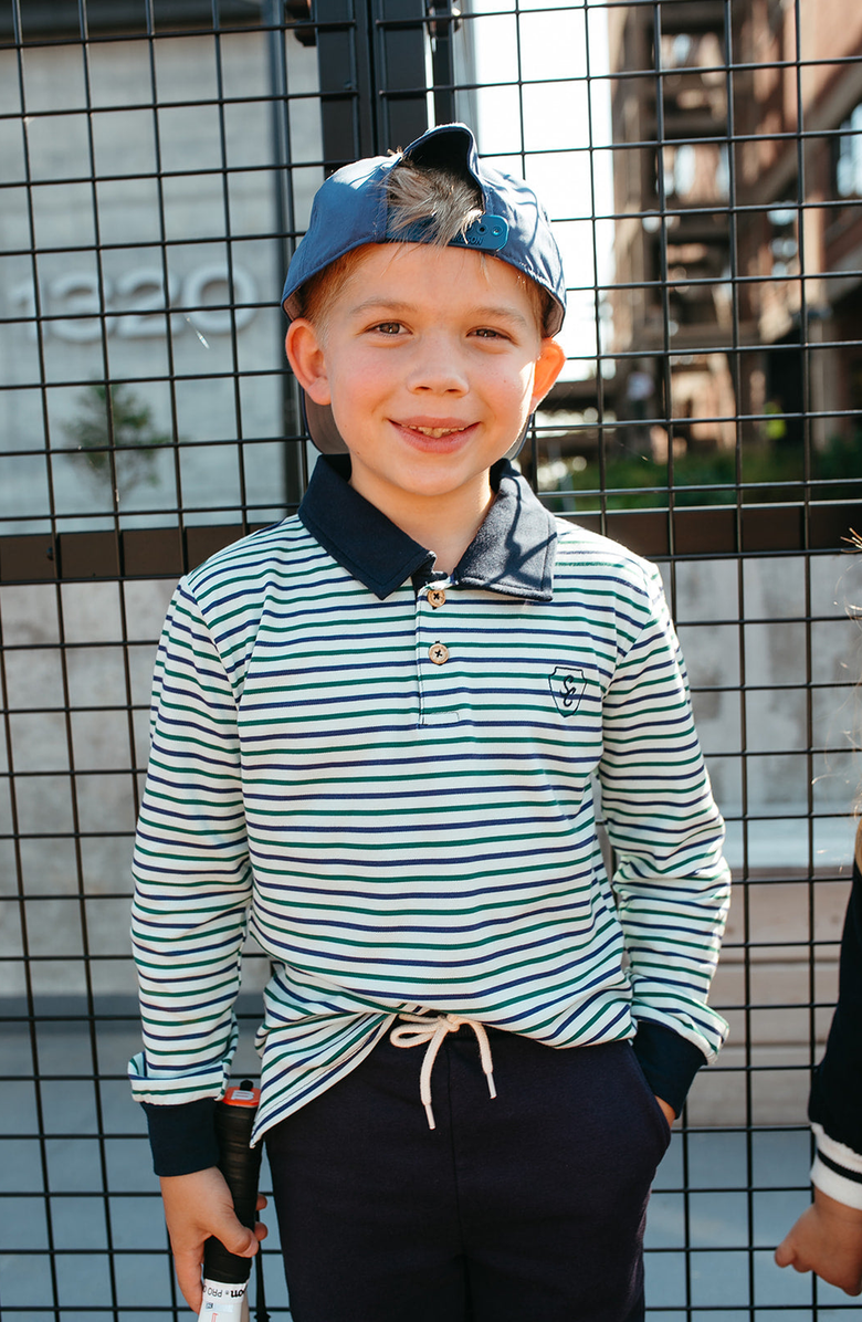 Little Paper Kids Rhodes Golf Stripe Long Sleeve Polo, Alternate, color, Blue / Green Stripe