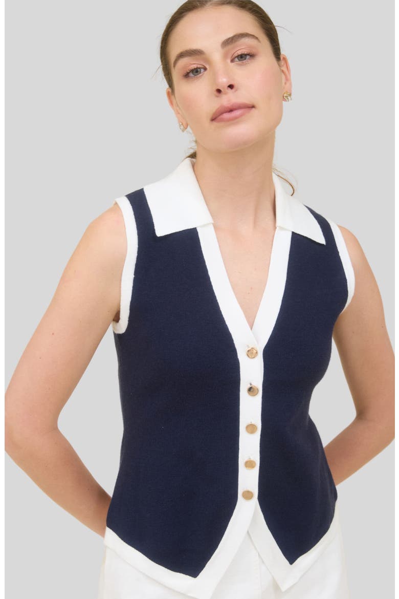 Sleeveless Button-Up Sweater, Alternate, color, NAVY/ WHITE