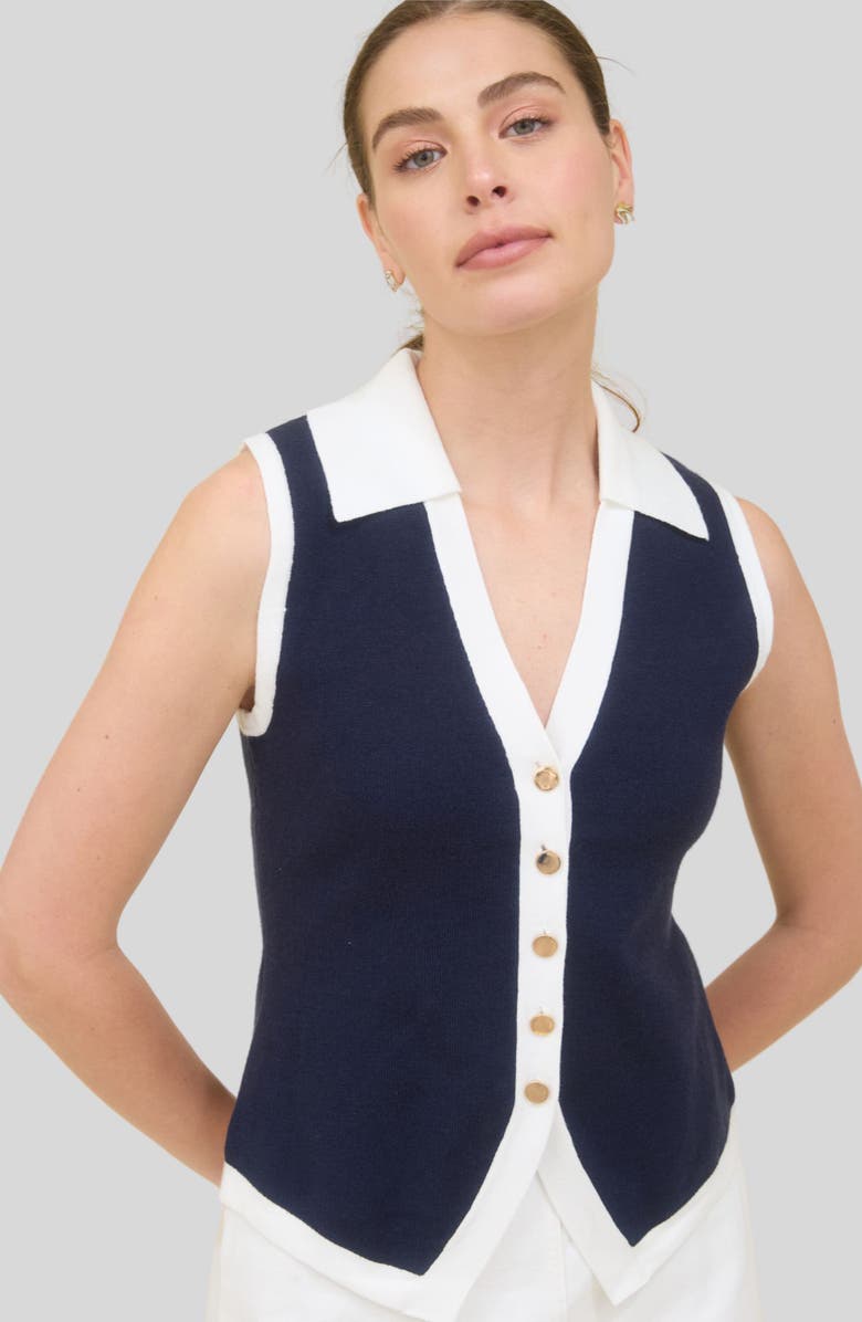 ZOE AND CLAIRE Sleeveless Button-Up Sweater, Alternate, color, Navy/ White