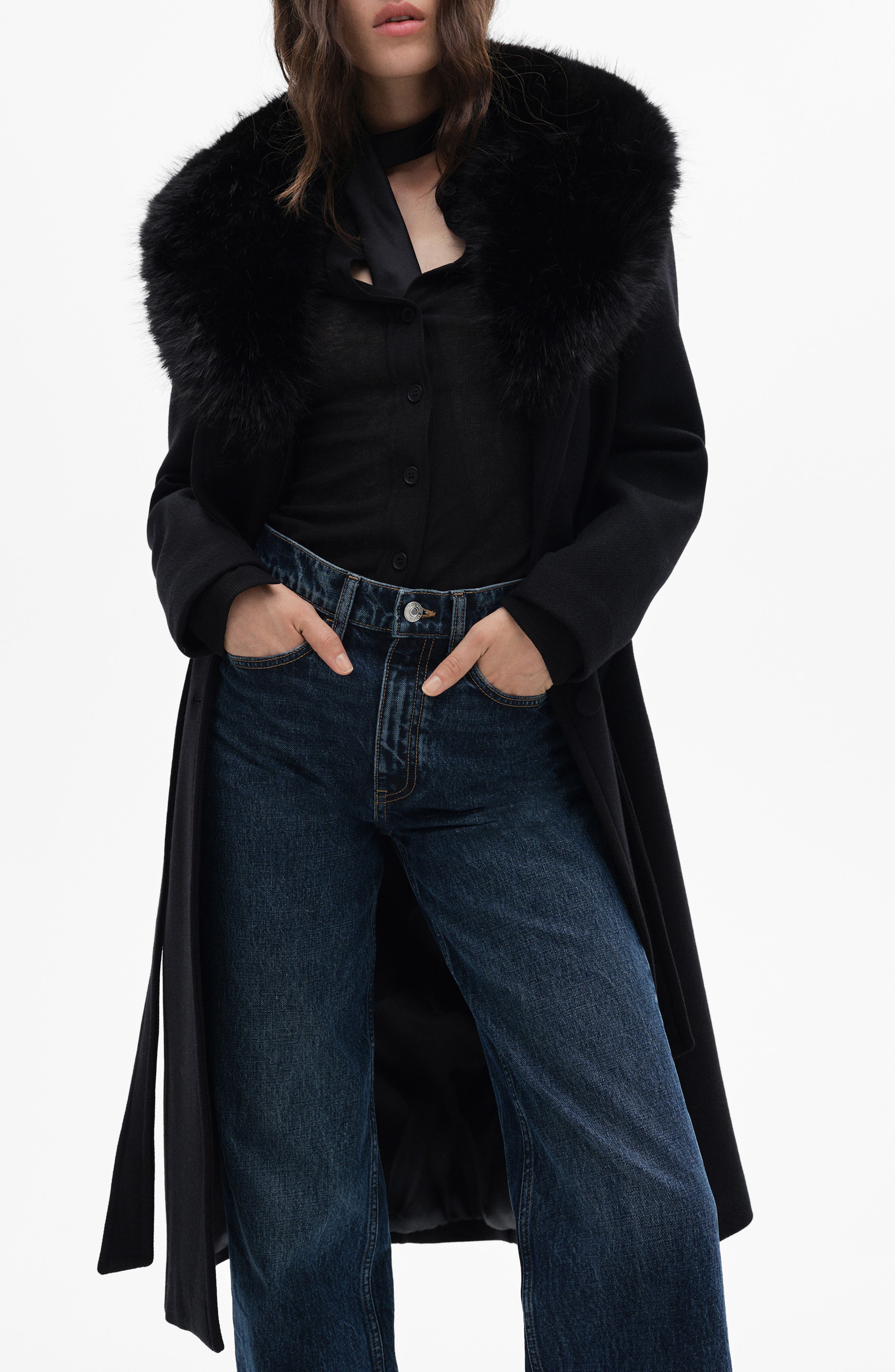 Wool Blend Coat with Removable Faux-Fur Trim