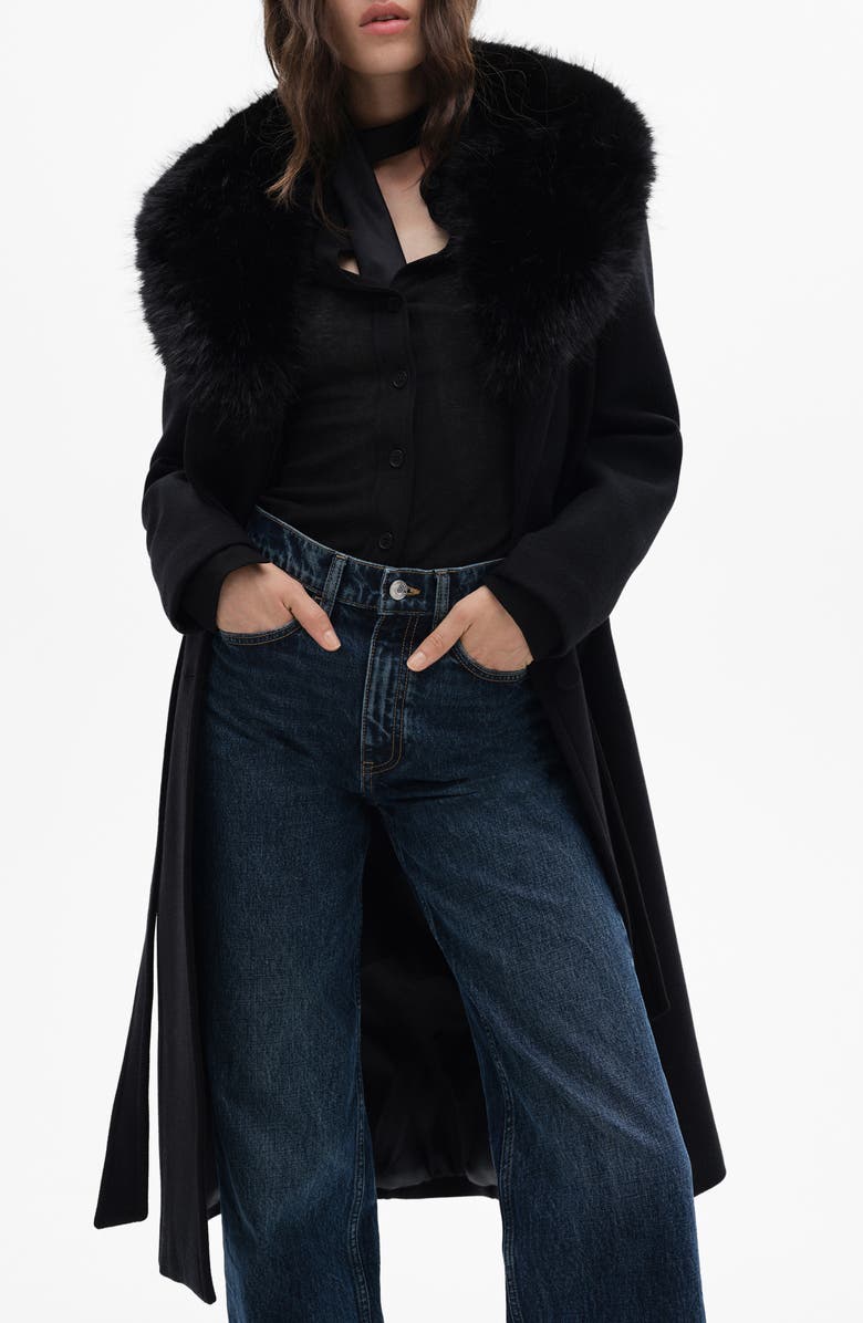 MANGO Wool Blend Coat with Removable Faux-Fur Trim, Main, color, Black