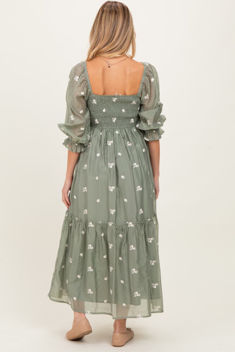 Floral Embroidered Smocked 3/4 Sleeve Midi Dress, Alternate, color, Light Olive