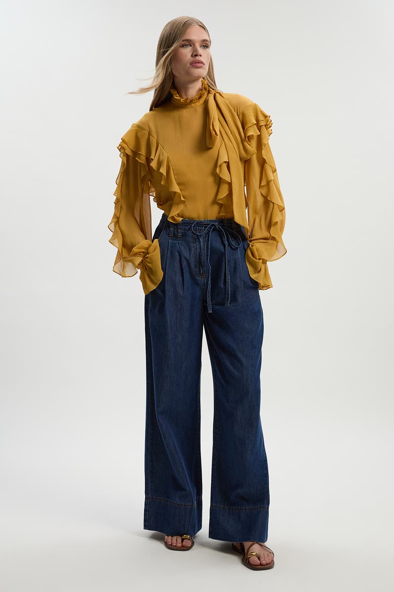 Georgette Ruffle Woven Pussybow Blouse, Alternate, color, Ochre