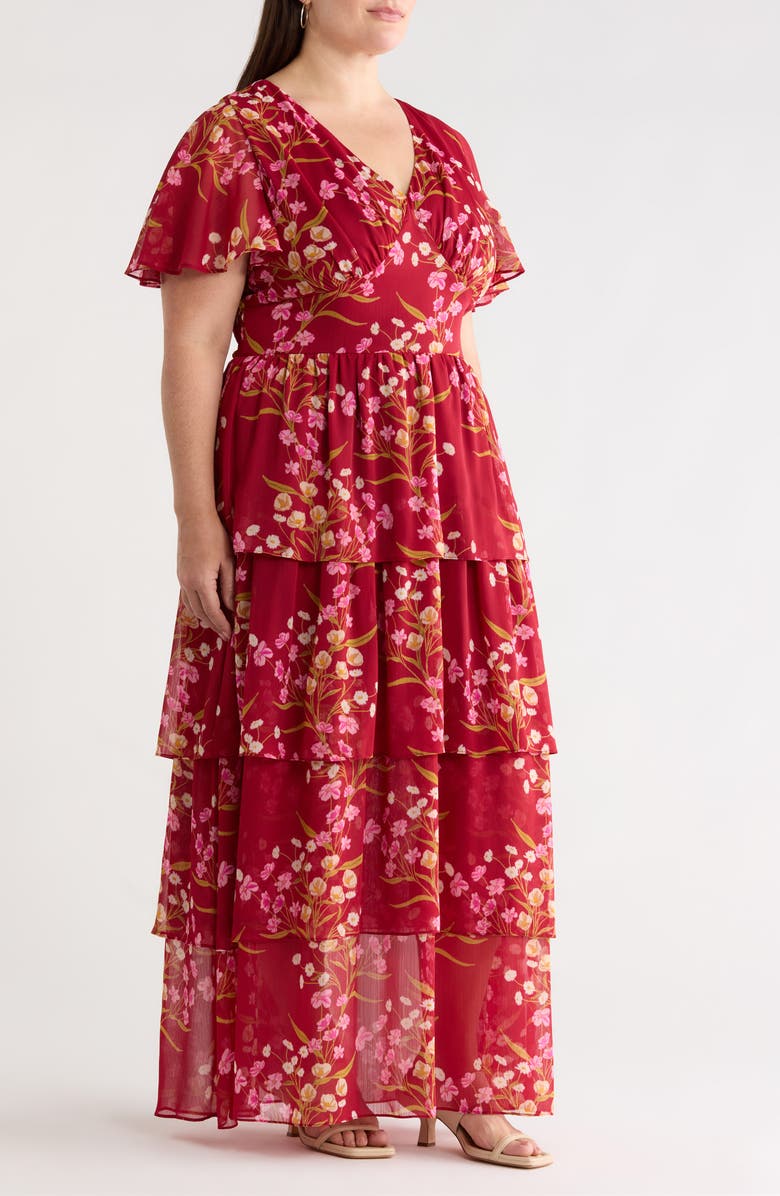 SUGARLIPS Ginnie Amabel Tiered Maxi Dress, Alternate, color, Burgundy-Multi