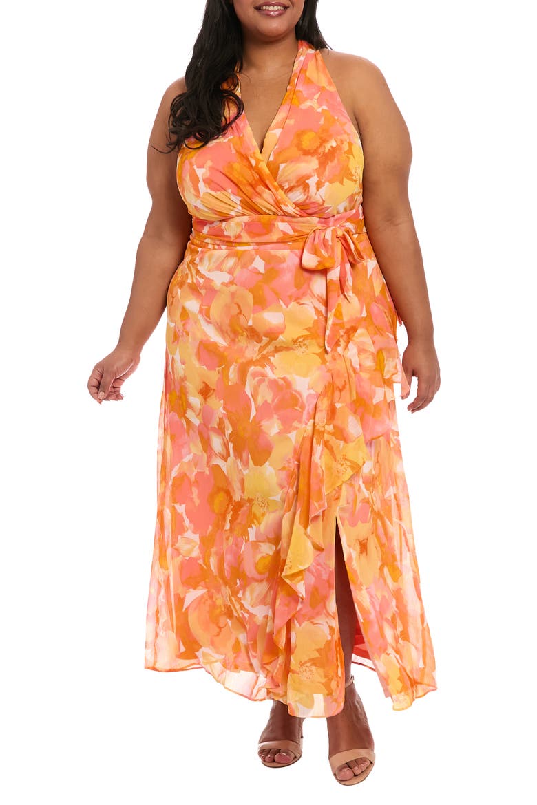 Floral Sleeveless Chiffon Maxi Dress, Main, color, PEACH/ YELLOW