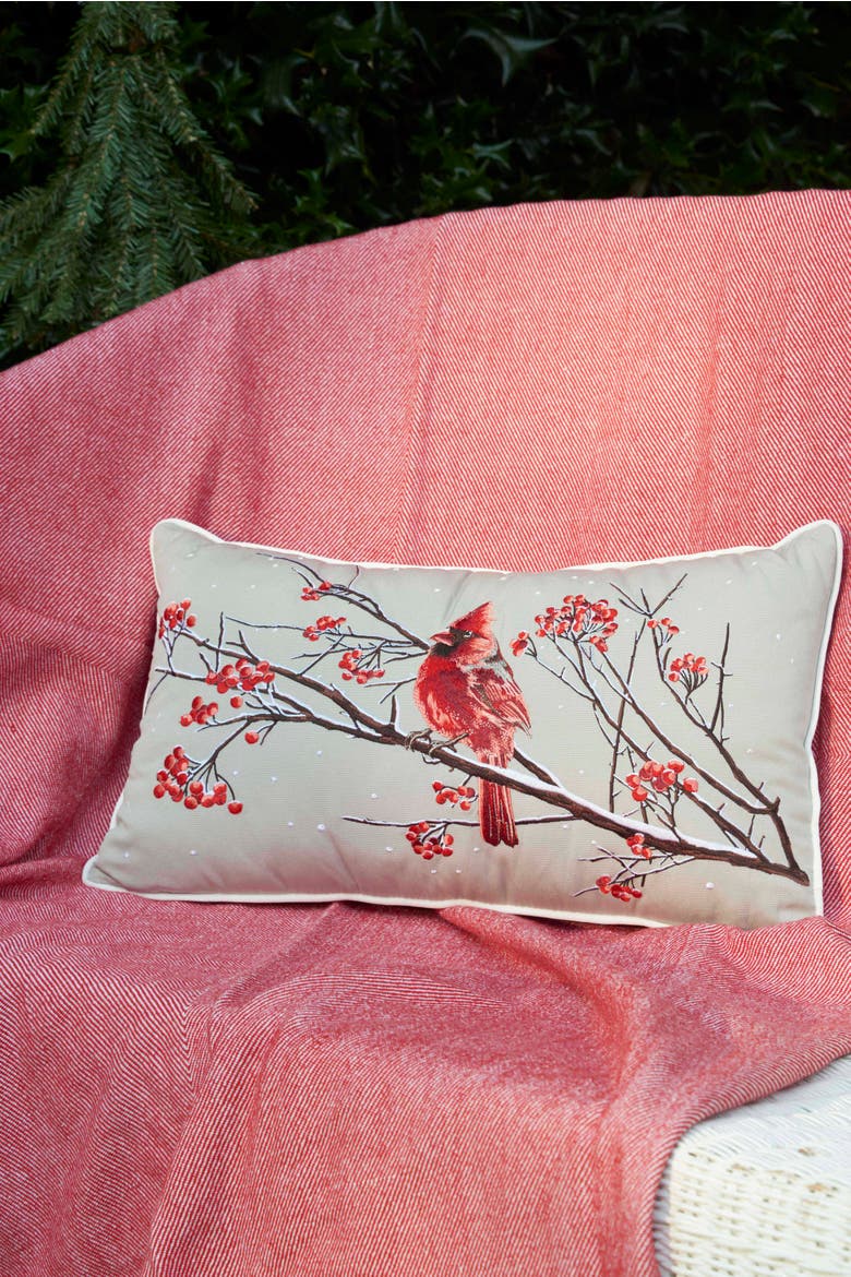 Winterberry Cardinal Lumbar Pillow 12" x 21", Alternate, color, Red