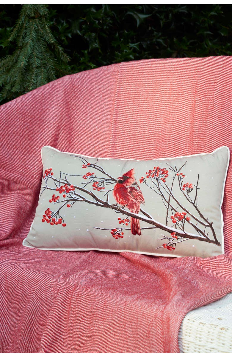 RightSide Designs Winterberry Cardinal Lumbar Pillow 12" x 21", Alternate, color, Red