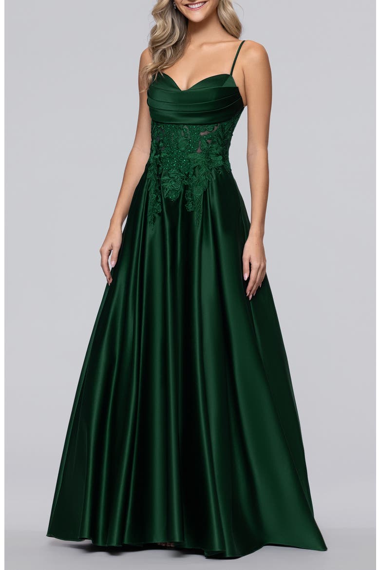 Sequin Lace Detail Satin Gown, Main, color, HUNTER