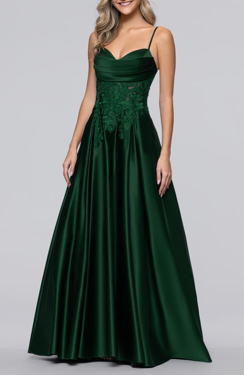 Sequin Lace Detail Satin Gown