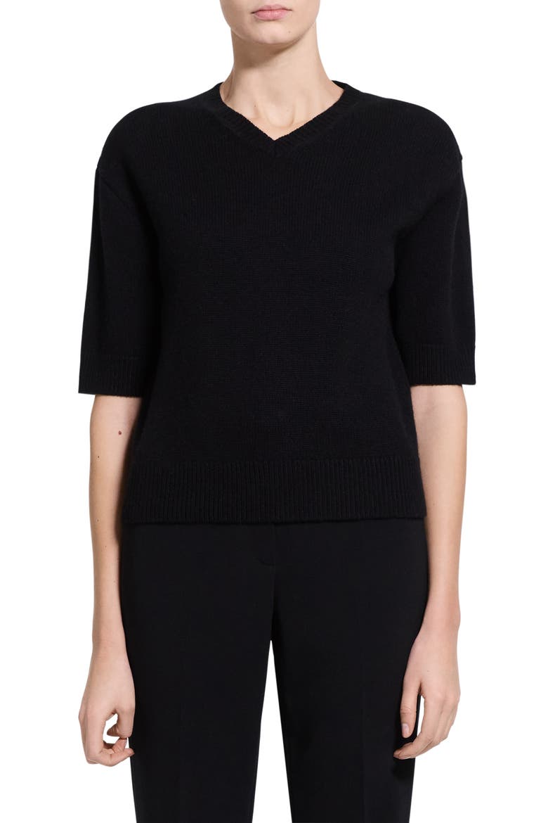 Cropped Cashmere V-Neck Sweater, Main, color, BLACK