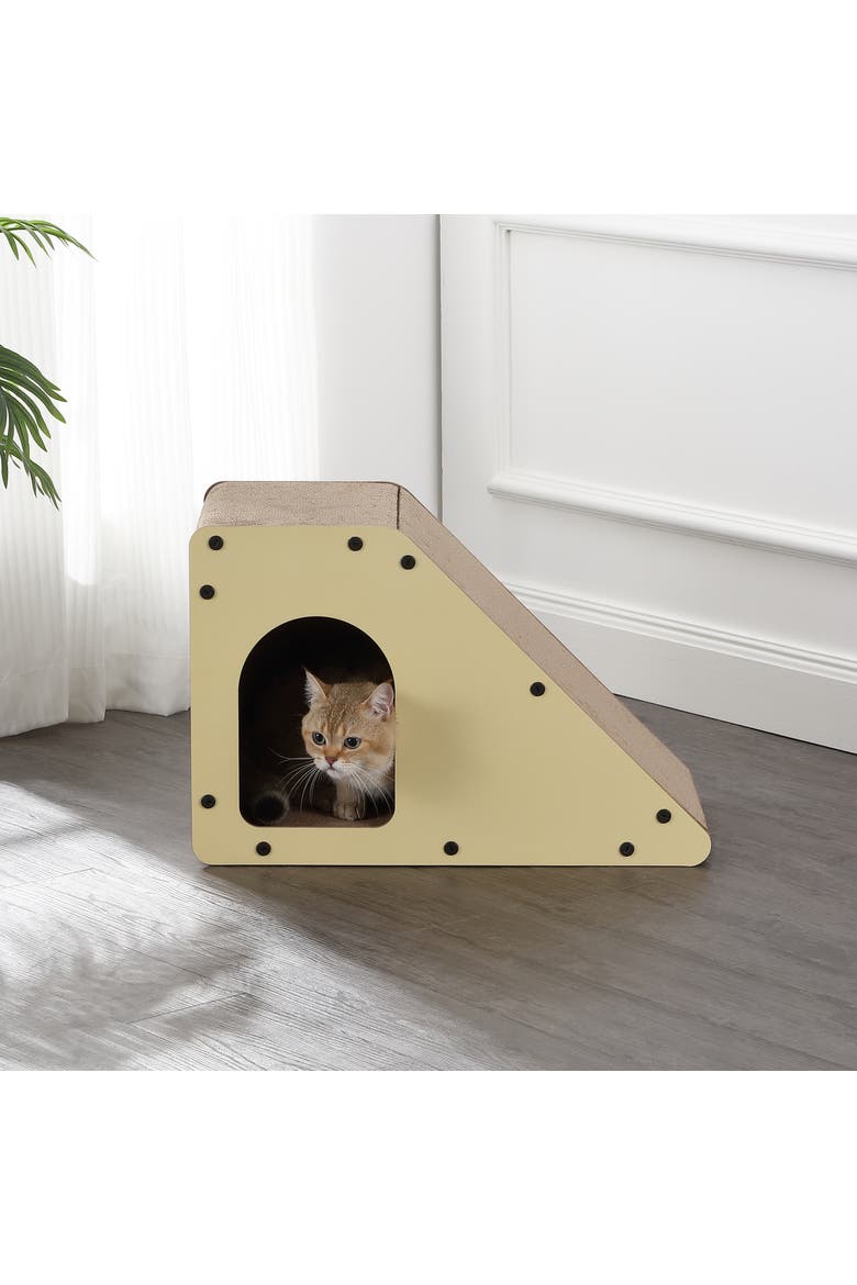 Kento Minimalist Cardboard Angled Cat Cave Scratcher with Catnip, Alternate, color, Almond