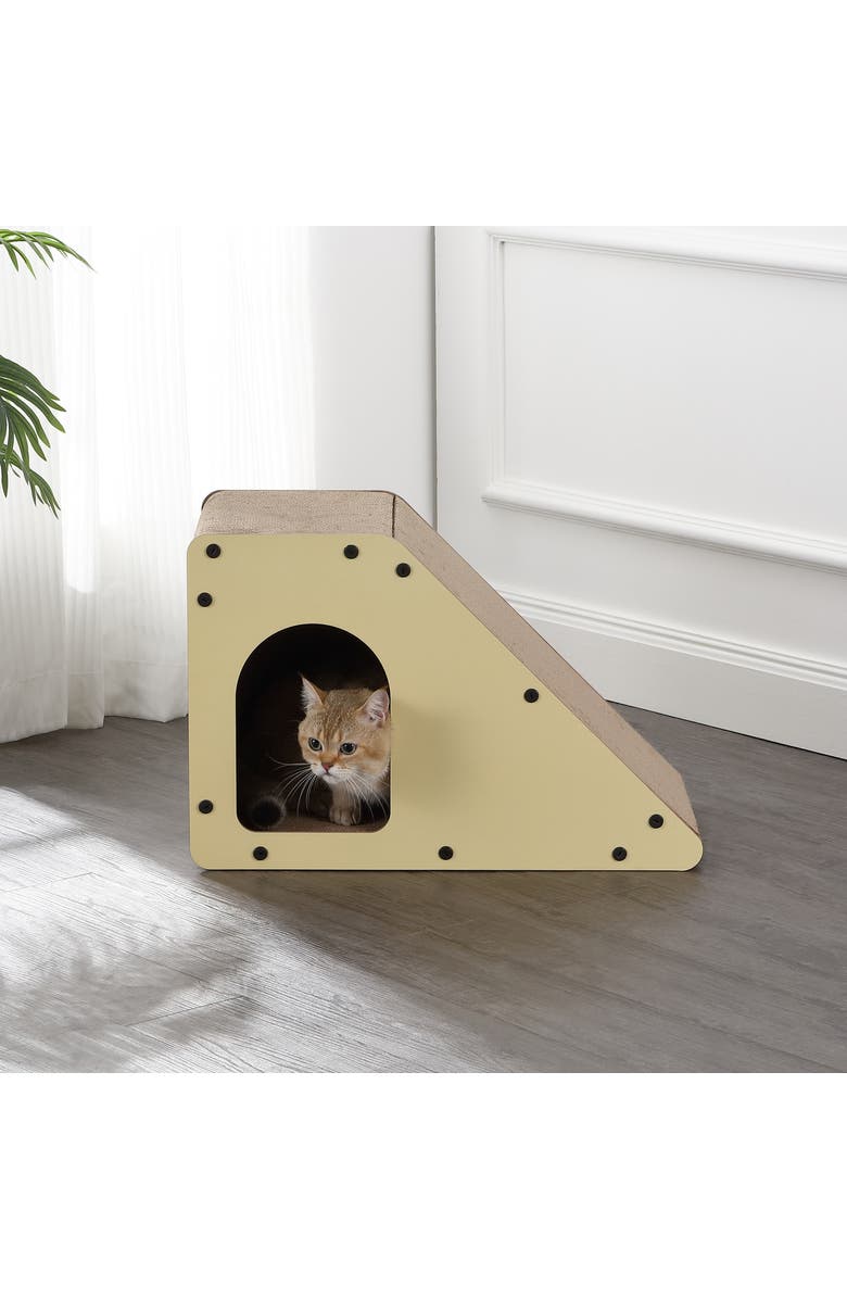 The Licker Store Kento 23.63" Minimalist Cardboard Angled Cat Cave Scratcher with Catnip, Alternate, color, Almond