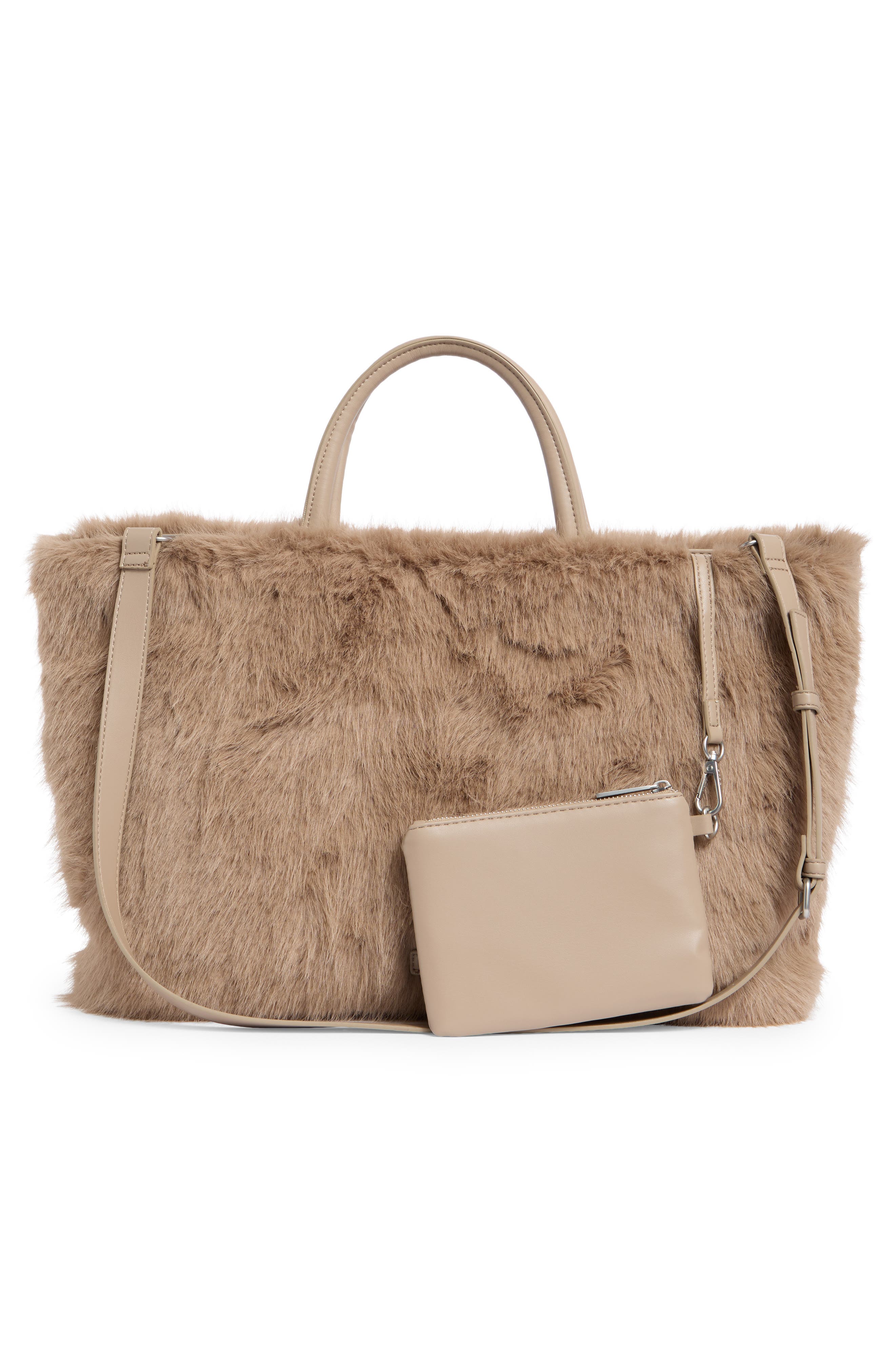 BCBG Faux Fur Tote Bag with Pouch, Alternate, color, Taupe